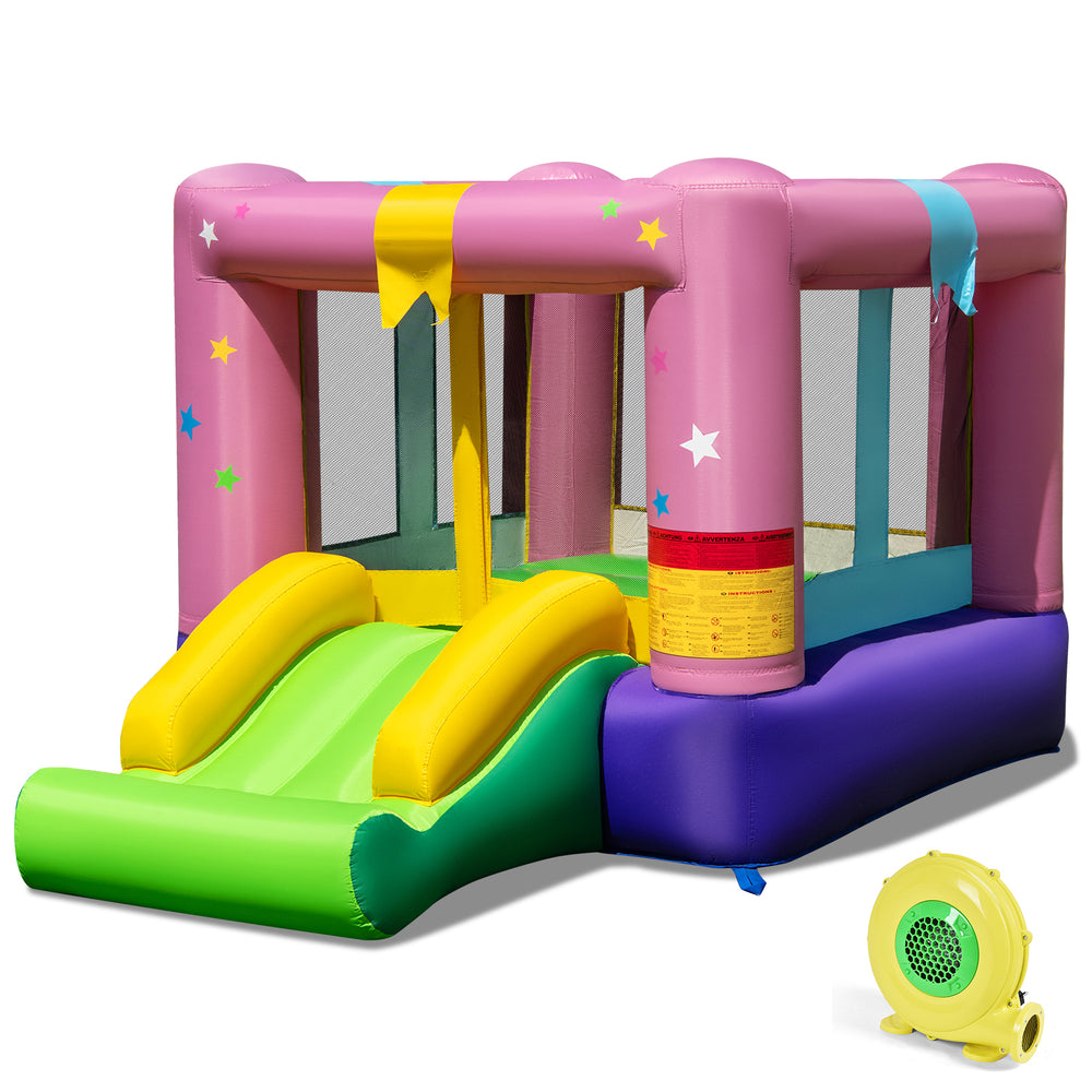 Inflatable bounce house with slide and basketball hoop, made of durable 420D oxford cloth, for indoor and outdoor fun.