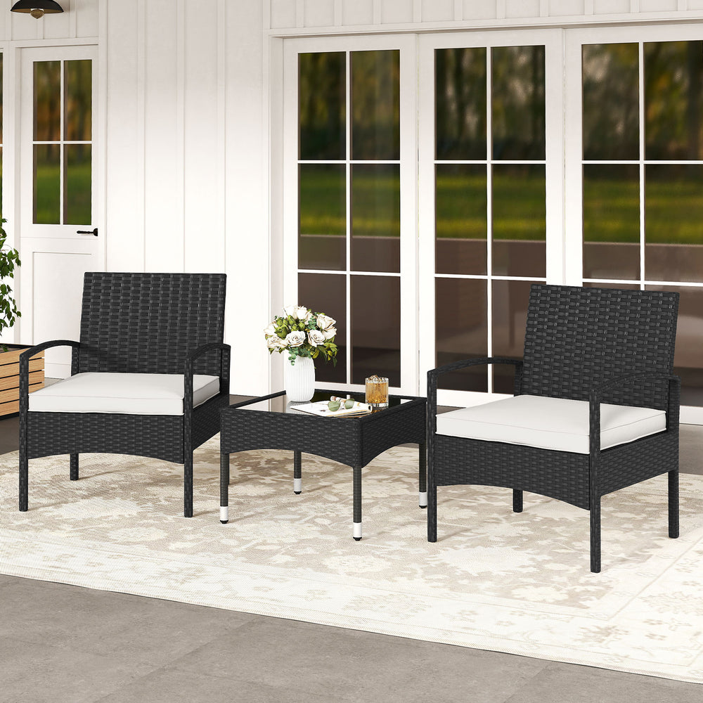 3-piece patio furniture set featuring hand-woven PE rattan chairs and a coffee table with beige cushions for outdoor.