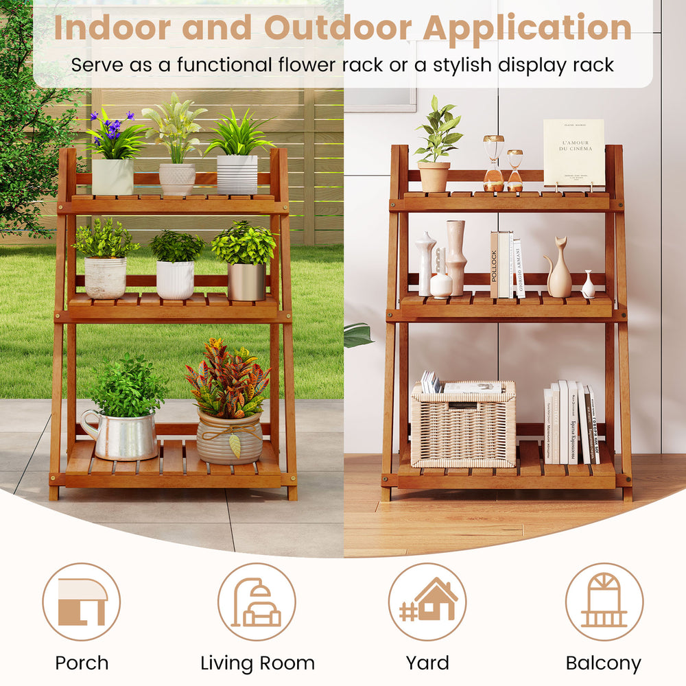 Foldable 3-tier solid wood plant stand showcasing decorative items, perfect for enhancing balconies or living rooms.
