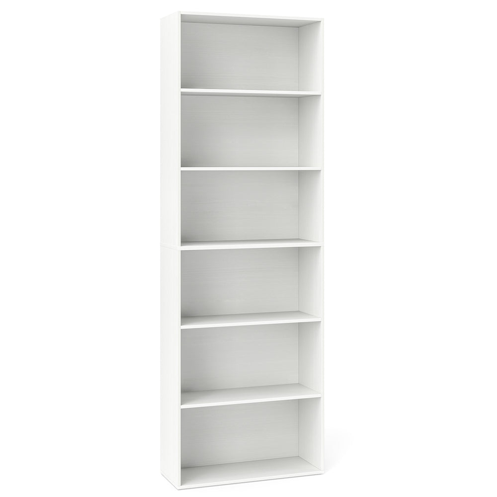 Six-tier white bookshelf with vertical storage, part of the Ergo Comfort Smart Office Bundle for organized workspace.