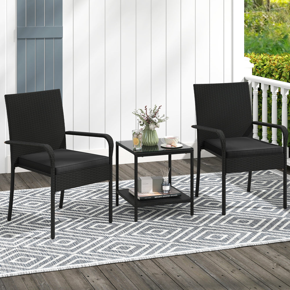 3 Piece Patio Furniture Set with Seat Cushions and Tempered Glass Tabletop-Black - Gallery View 1 of 10