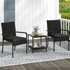 Black 3-piece patio furniture set featuring PE rattan chairs with cushions and a tempered glass tabletop for outdoor.
