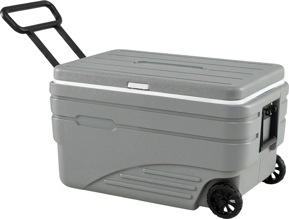 Gray 103 Quart outdoor portable wheeled ice cooler features a foldable pull handle and durable wheels for easy transport.