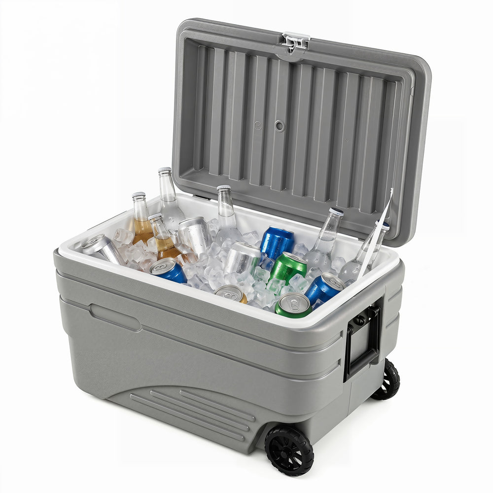 Gray 103 Quart outdoor portable wheeled ice cooler with foldable pull handle, ideal for keeping drinks and ice cold.
