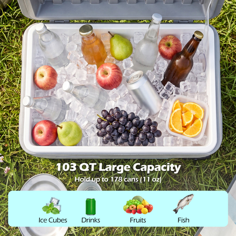Large gray 103 QT outdoor portable ice cooler with drinks, fruits, and ice cubes for versatile outdoor use.