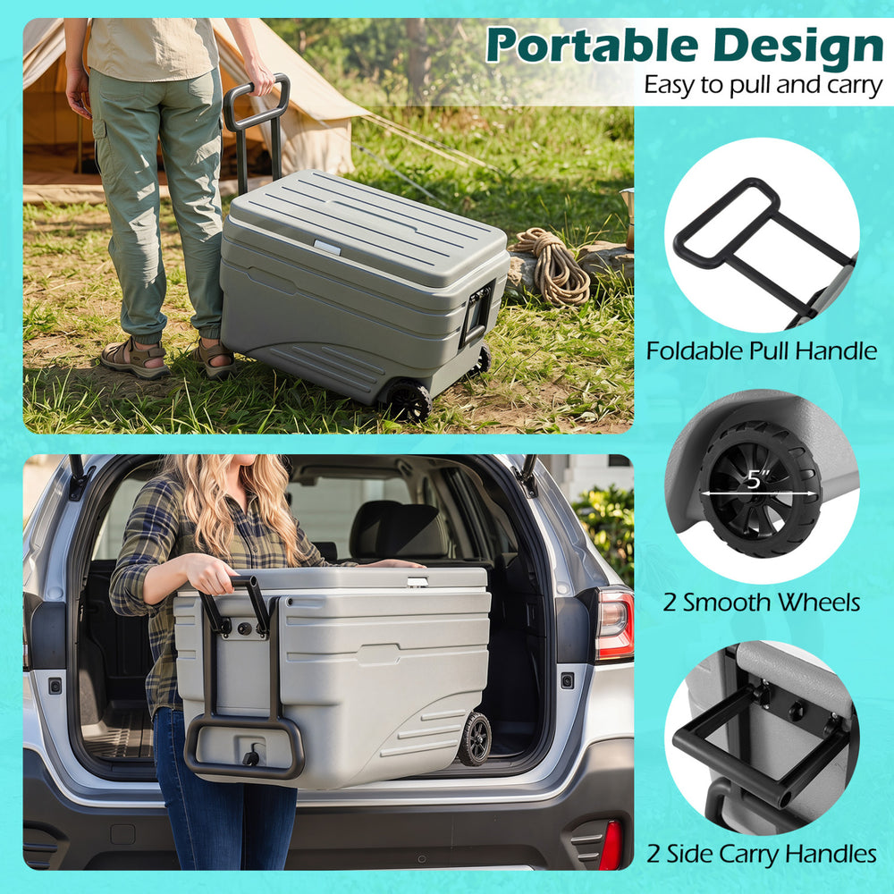 Gray 103 Quart outdoor portable wheeled ice cooler with foldable pull handle and two smooth wheels for easy transport.