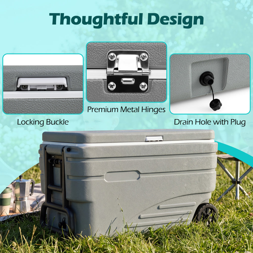 Gray 103 Quart outdoor portable wheeled ice cooler features a foldable pull handle, metal hinges, and a drain hole for easy cleanup.