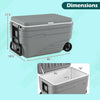 Gray 103 Quart Outdoor Portable Wheeled Ice Cooler with dimensions, featuring a foldable pull handle and two wheels for easy transport.