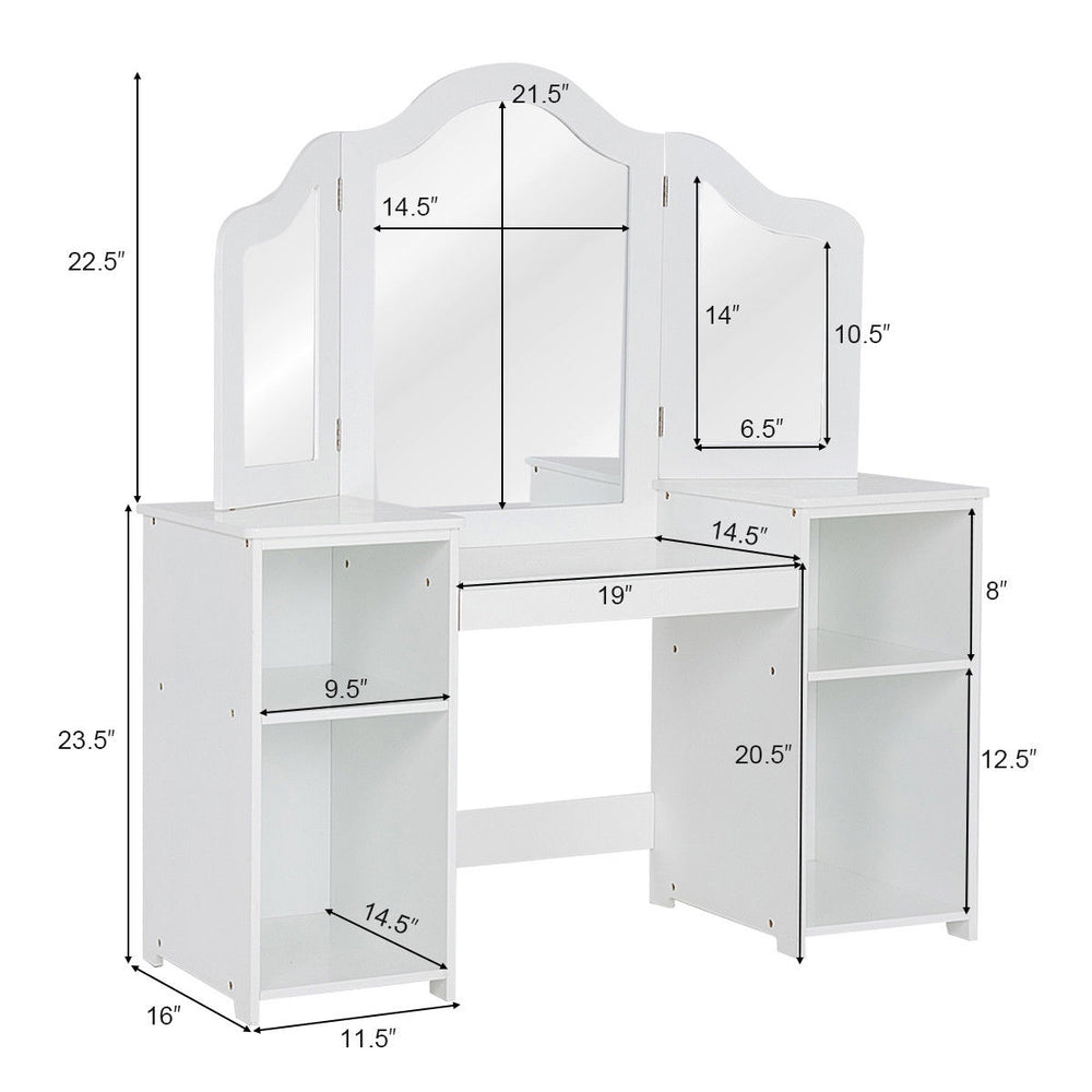 Kids tri-folding mirror vanity table set in white featuring a dimension chart for easy assembly and placement in.