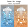 Reversible design of a 19-inch ceiling fan with light, showing cooling and heating airflow for year-round comfort.