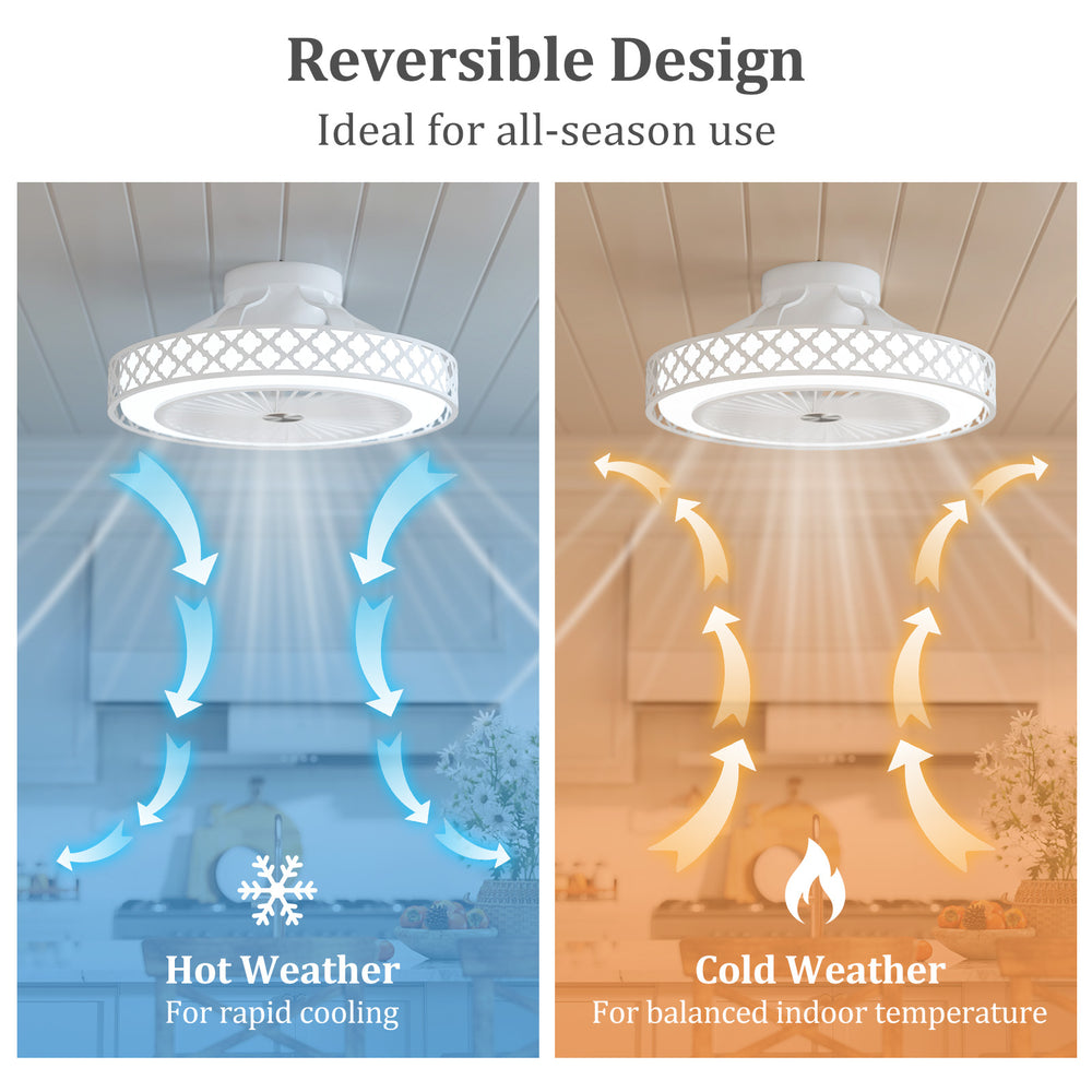 Reversible design of a 19-inch ceiling fan with light, showing cooling and heating airflow for year-round comfort.