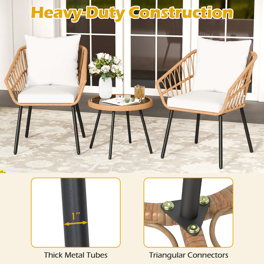 3-piece patio bistro set featuring hand-woven PE rattan chairs with soft cushions and a tempered glass top table for.
