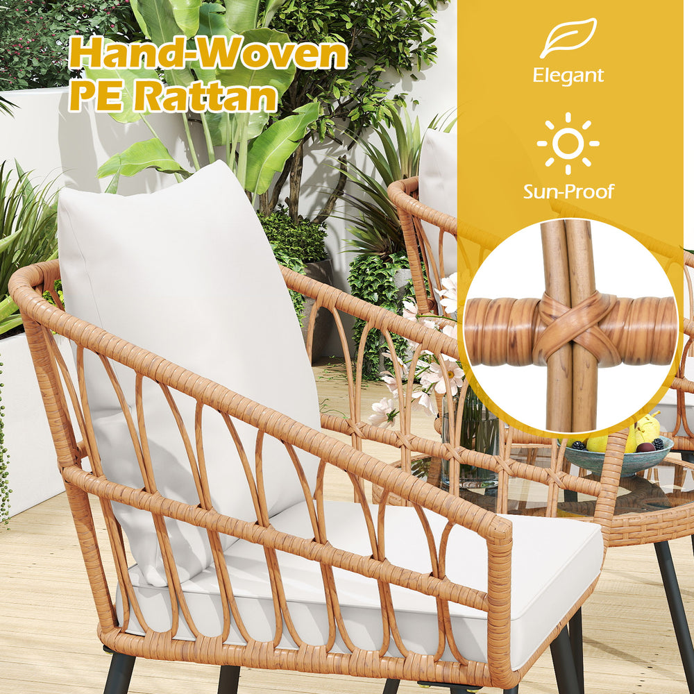 Hand-woven PE rattan chair with beige cushion, featuring a durable metal frame, ideal for patio relaxation.