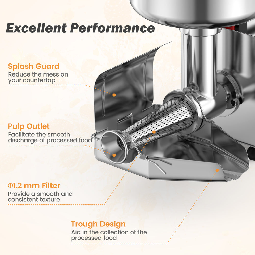 Close-up of the 450W electric tomato strainer's pulp outlet and splash guard, designed for efficient food processing.