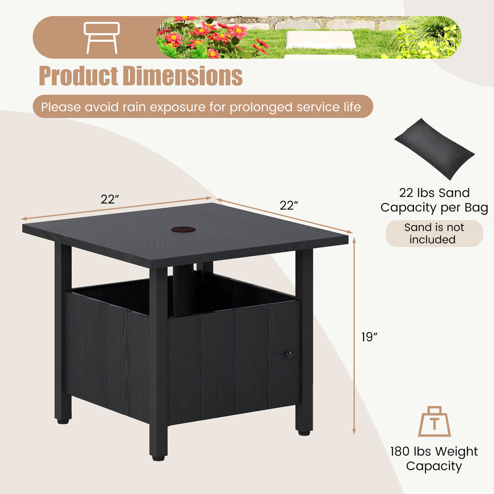 Black outdoor side table with 1.89" umbrella hole, sturdy zinc-iron alloy, and storage for patio use.