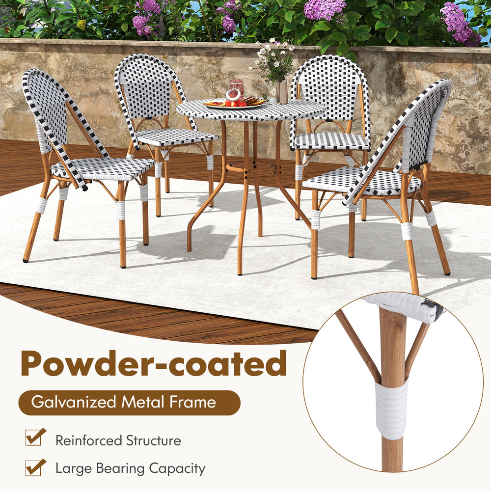 3-piece French bistro set featuring a wicker round table and two chairs with a galvanized metal frame for outdoor.