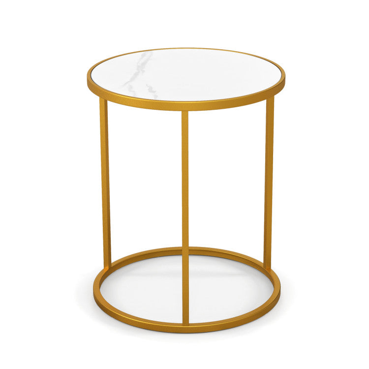 Round side table with a marble-effect top and gold legs, perfect for modern living rooms or office spaces.