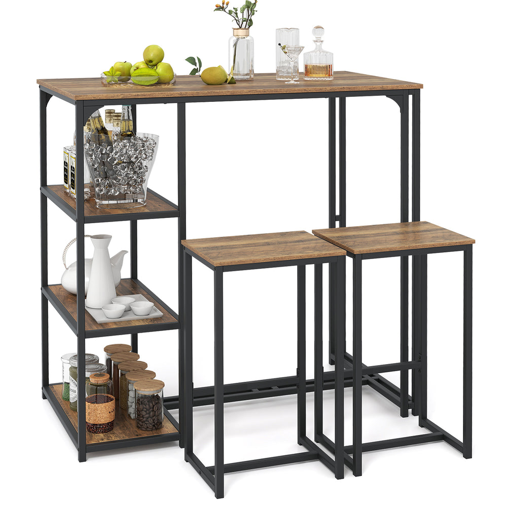 Rustic brown bar-height table with 3 storage shelves, designed for compact dining and easy organization in small spaces.