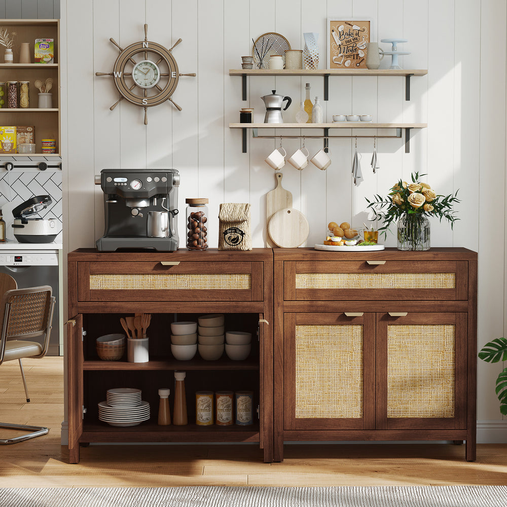Sideboard storage cabinet with rattan doors and drawer, featuring a wood-grain finish for elegant kitchen organization.