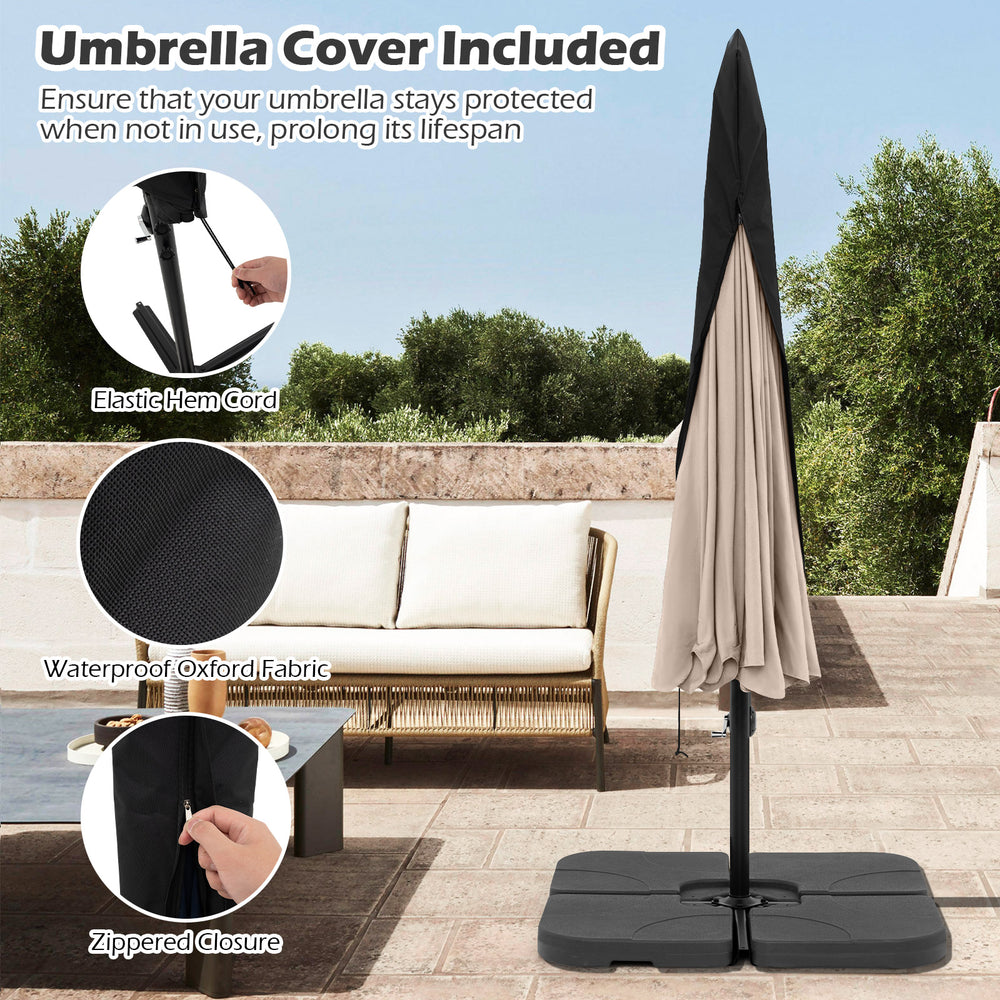 10 feet patio cantilever umbrella with beige ruffled edge, featuring a waterproof cover and tilt adjustment for optimal.