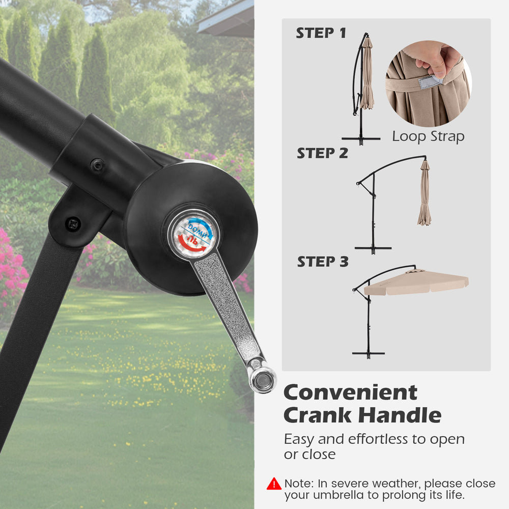 Close-up of the crank handle on the 10 Feet Patio Cantilever Umbrella, featuring a beige canopy and tilt adjustment.