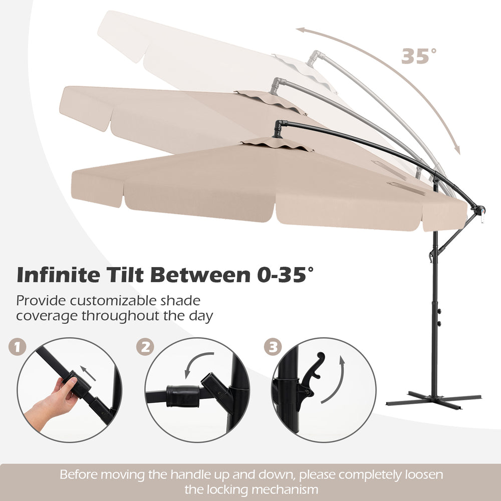 10-foot beige patio cantilever umbrella with tilt adjustment, ruffled edges, and protective cover for customizable.