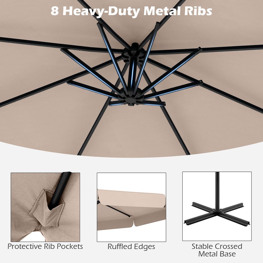 Close-up of the 10 feet beige patio cantilever umbrella showcasing 8 heavy-duty metal ribs and ruffled edges for.
