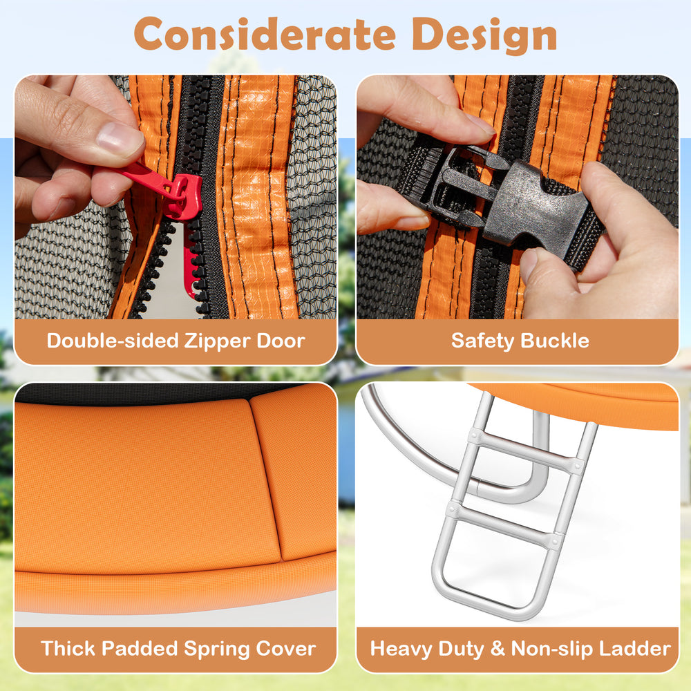 Detail of the 10FT outdoor trampoline showing safety buckle, double-sided zipper door, and heavy-duty non-slip ladder.