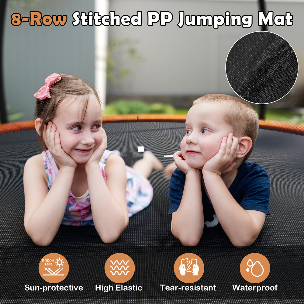 Close-up of the 10FT outdoor trampoline jumping mat, featuring 8-row stitched PP material for durability and safety.