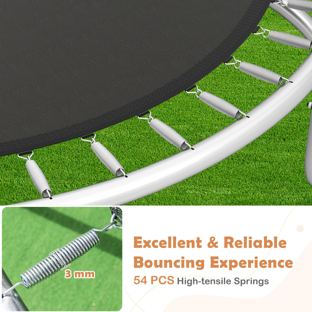 Close-up of the trampoline's high-tensile springs and safety enclosure net for reliable bouncing and stability.