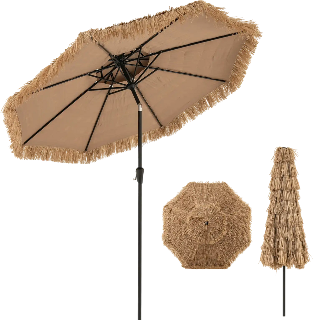 10FT brown tiki patio umbrella with 2-tier thatch canopy, 8 ribs, and push-button tilt for versatile sun shading.
