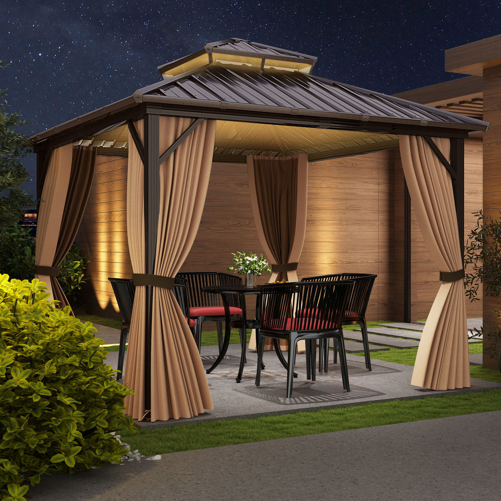 10 x 10 feet hardtop gazebo with waterproof galvanized metal roof, netting, and curtains for outdoor protection and.