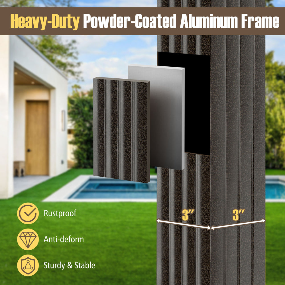 Close-up of the heavy-duty powder-coated aluminum frame of a 10x10 feet gazebo, showcasing its rustproof and sturdy.
