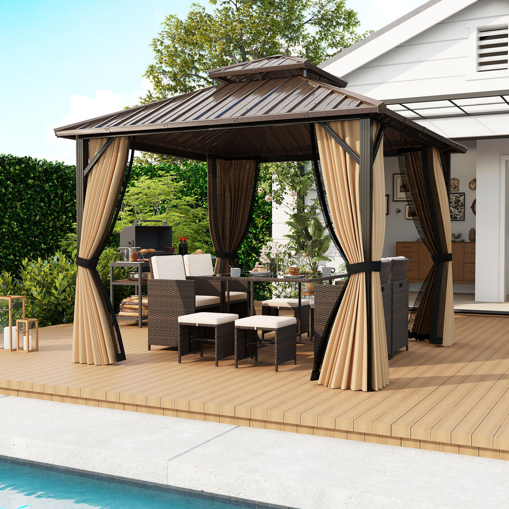 10 x 10 feet hardtop gazebo with curtains drawn back, showcasing outdoor seating area for relaxation and gatherings.