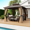 10 x 10 feet hardtop gazebo with curtains drawn back, showcasing outdoor seating area for relaxation and gatherings.