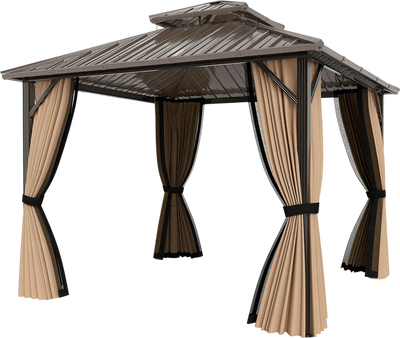 Costway Hardtop Gazebo Double-Roof Galvanized Metal Top w/ Netting & Curtain 10' x 10'/12' 639758421 New