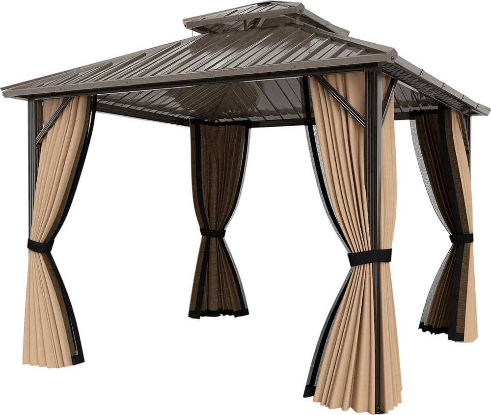 10 x 10 feet hardtop gazebo with curtains and netting, viewed from the front, offering stylish outdoor shelter and.