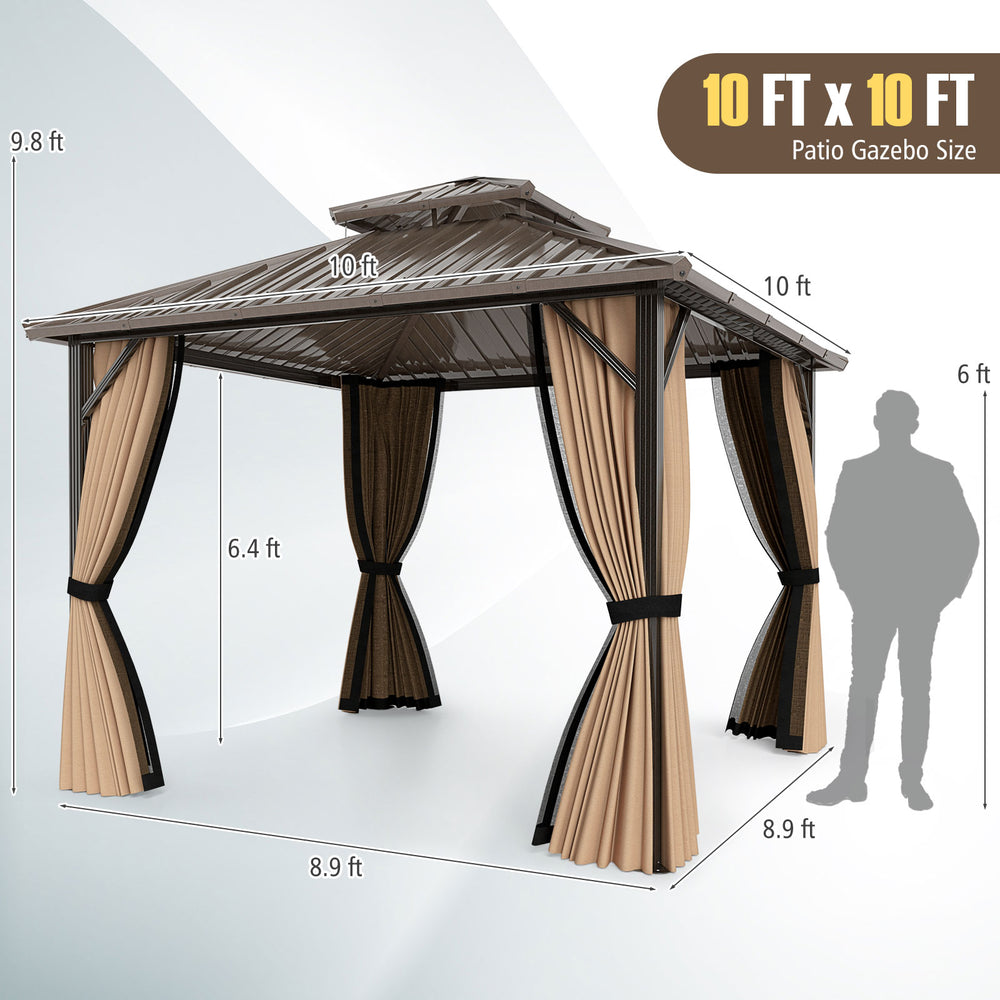 10 x 10 feet hardtop gazebo with double roof, waterproof metal top, and netting for outdoor protection and ventilation.
