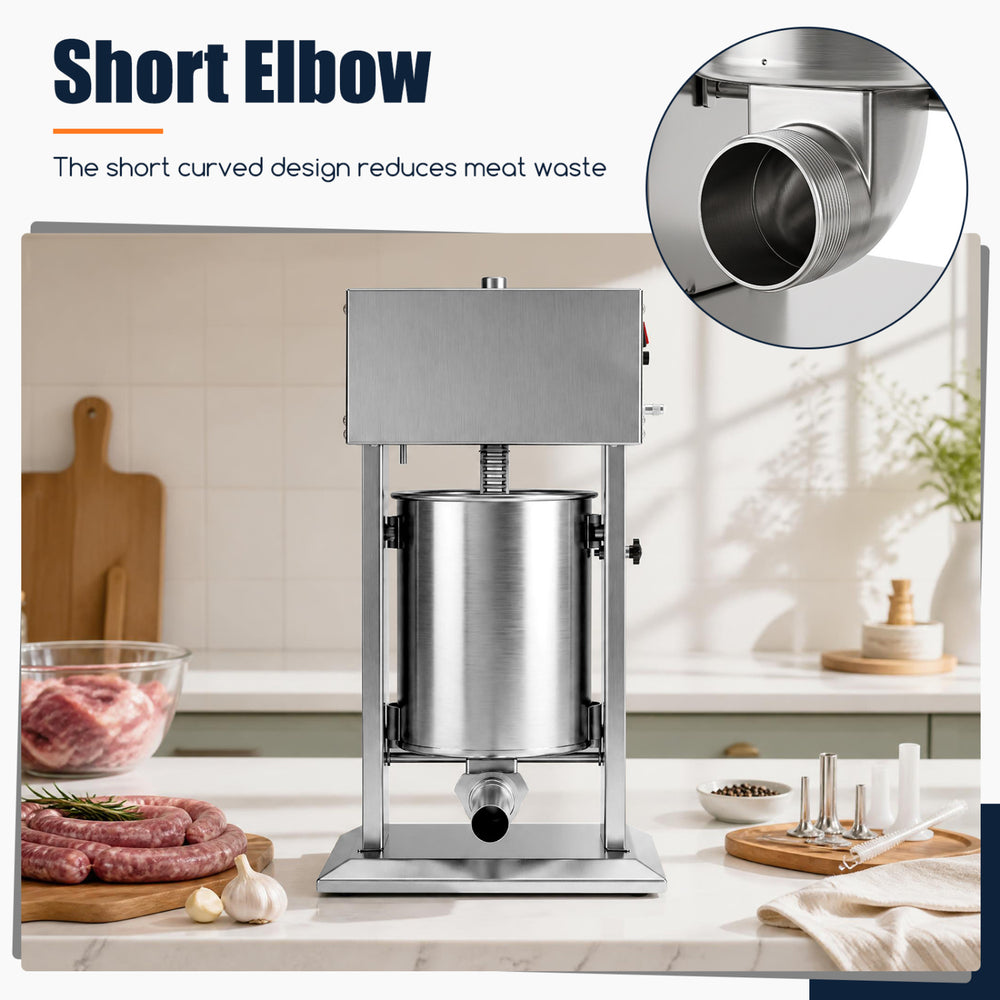 Electric sausage stuffer with a 10L capacity, stainless steel tubes, and a short elbow design for reduced meat waste.