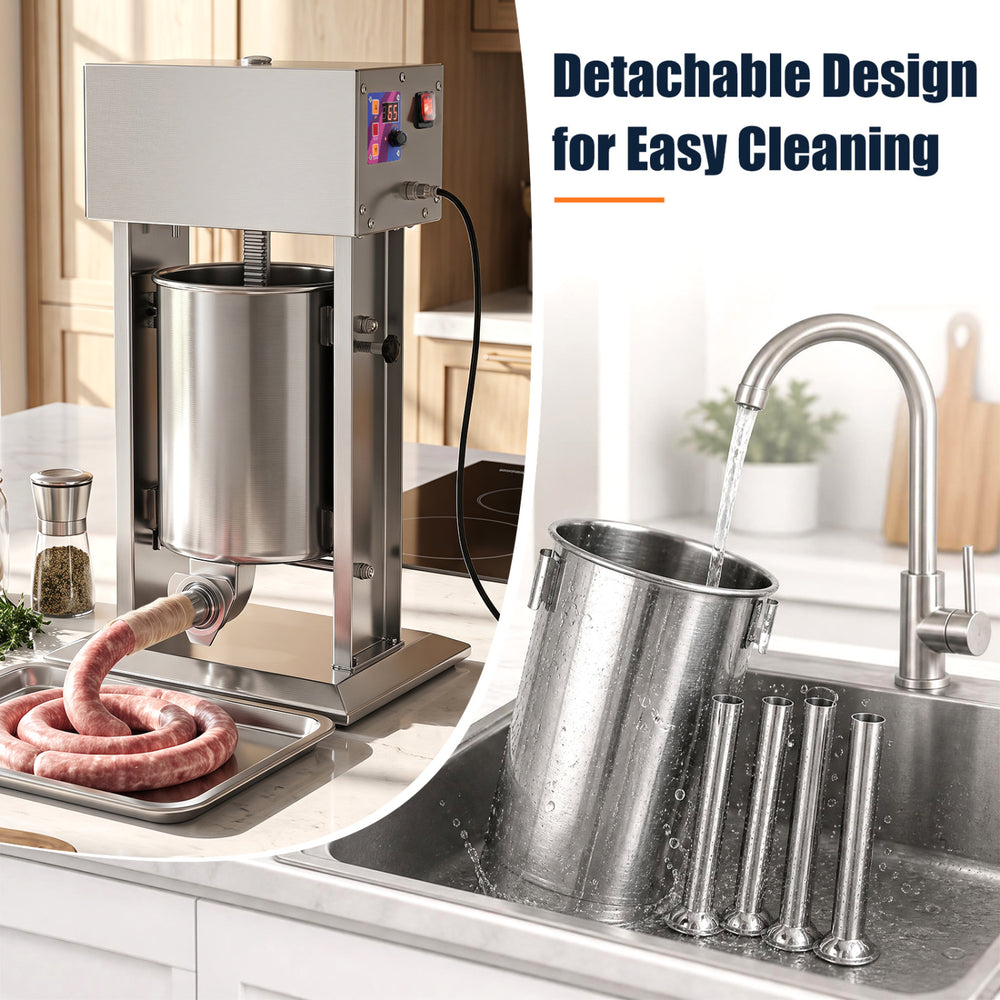 Electric sausage stuffer with a 10L capacity, stainless steel tubes, and detachable design for easy cleaning in a kitchen setting.