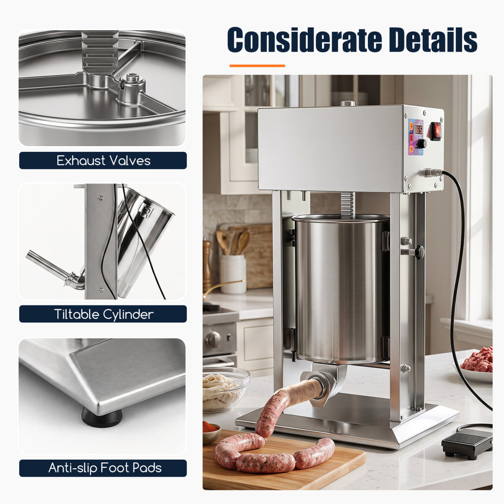 Electric sausage stuffer with a 10L capacity, stainless steel tubes, and anti-slip foot pads for stable operation.