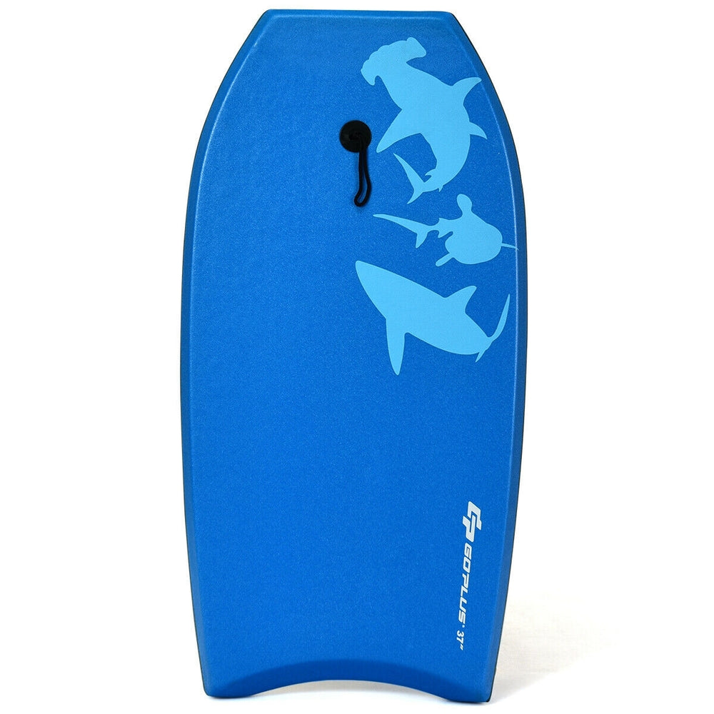 Lightweight blue bodyboard with EPS core, XPE deck, and crescent tail, ideal for surfing at the beach or pool.