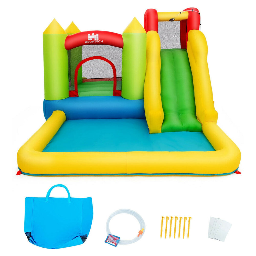 Brightly colored inflatable bounce house water slide with mesh walls, suitable for gardens and parks, includes carrying.