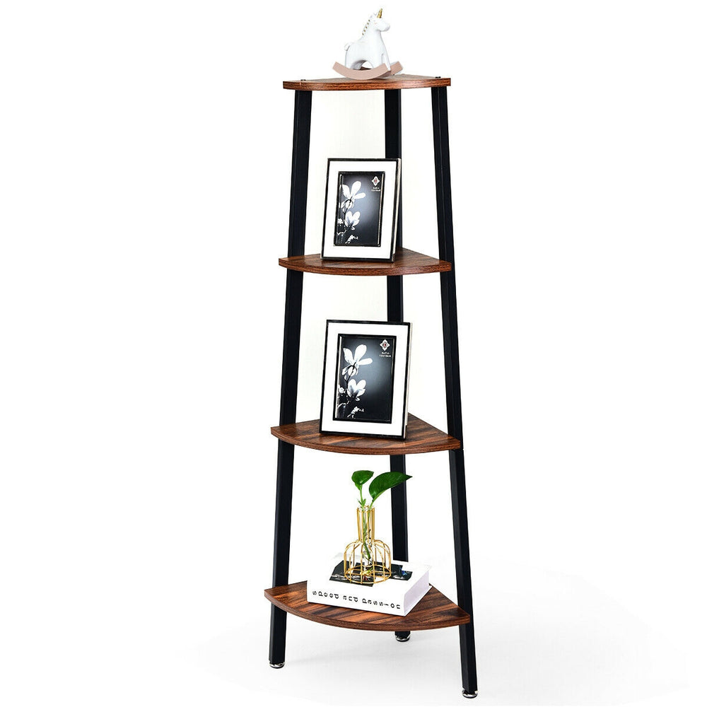 4-tier corner shelf with black metal frame and wood shelves, ideal for books and decor in compact spaces.