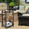 Fireplace log rack with a double-layer design for ample firewood storage, featuring built-in hooks for tool.