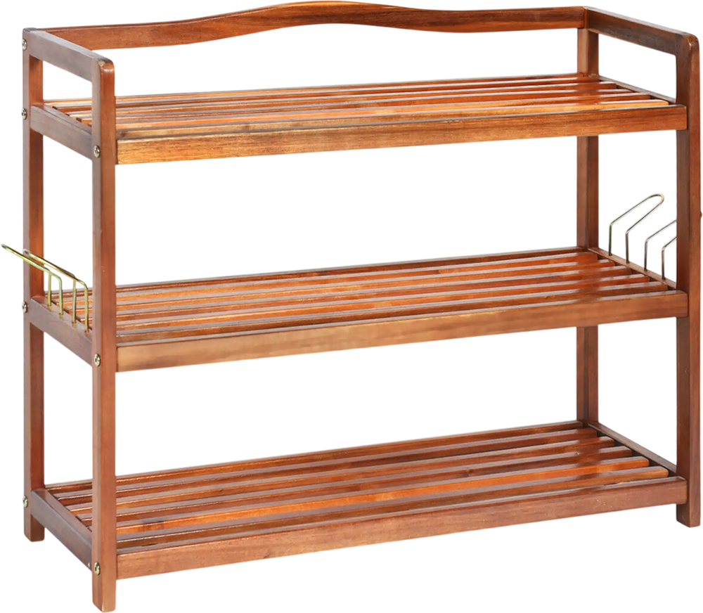 3-tier acacia wood shoe rack with removable shelves and side metal hooks for versatile storage in any room.