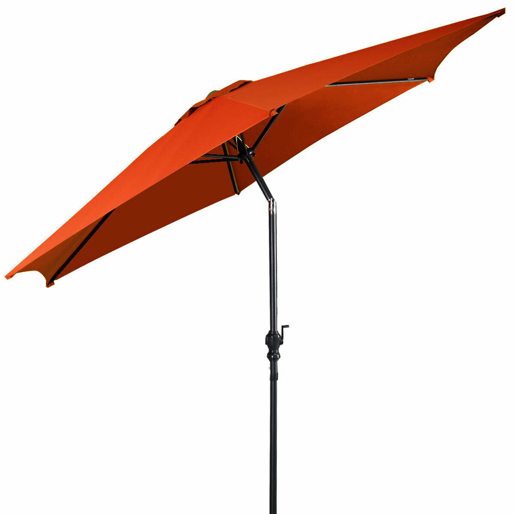 9 ft orange patio umbrella with crank, featuring a stable steel pole and ideal for sun protection in outdoor spaces.