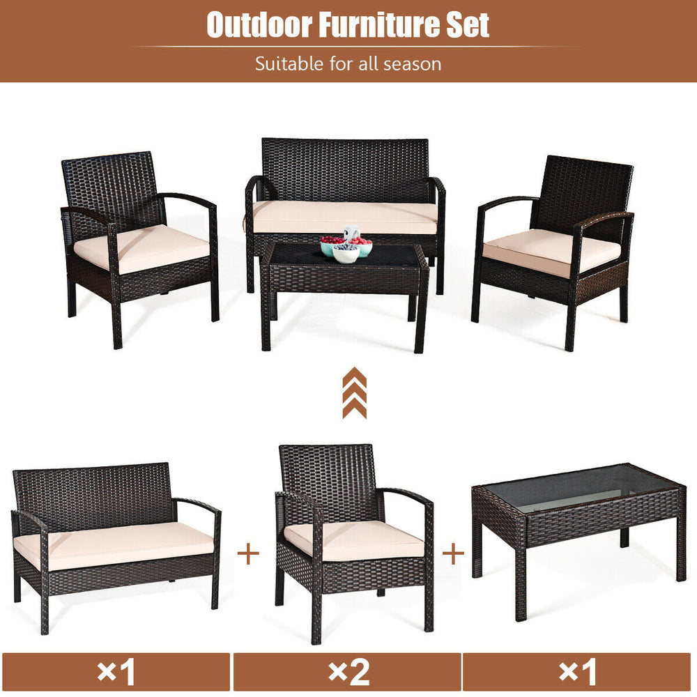 Two single sofas from the 4 Pieces Patio Rattan Conversation Set, featuring breathable cushions and stylish design for.