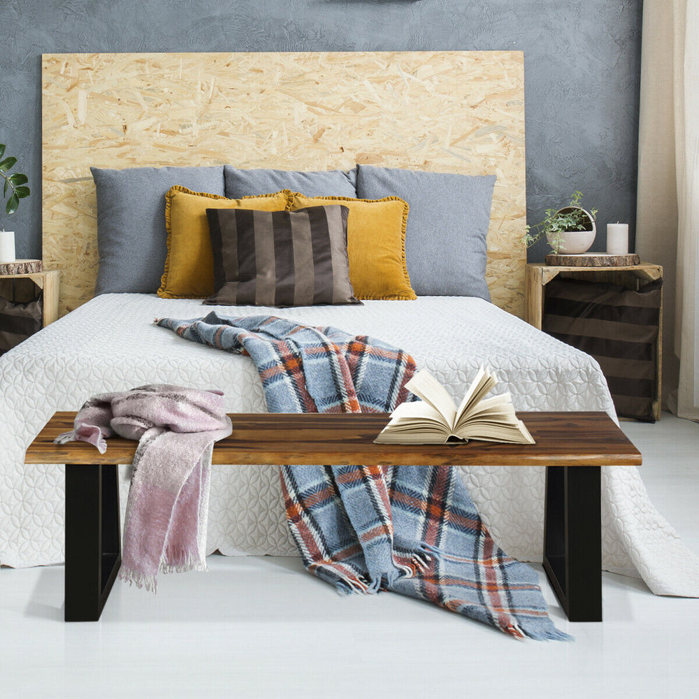 Solid acacia wood patio bench with metal legs, showcasing real wood texture, perfect for adding elegance to home décor.
