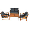 Wooden patio furniture set with cushioned loveseat and chairs, featuring a durable brushed finish for outdoor or indoor.